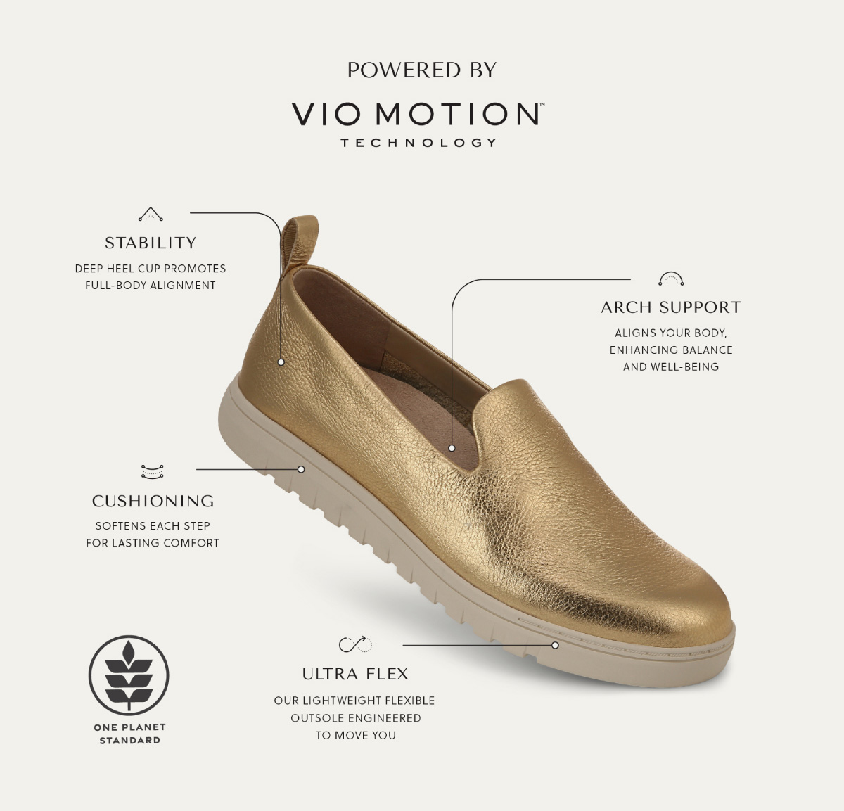 POWERED BY VIO MOTION TM TECHNOLOGY - STABILITY - Deep heel cup promotes full-body alignment. - ARCH SUPPORT - Aligns your body, enhancing balance and well-being. - CUSHIONING - Softens each step for lasting comfort. - ULTRA FLEX - Our lightweight flexible outsole engineered to move you. ONE PLANET STANDARD