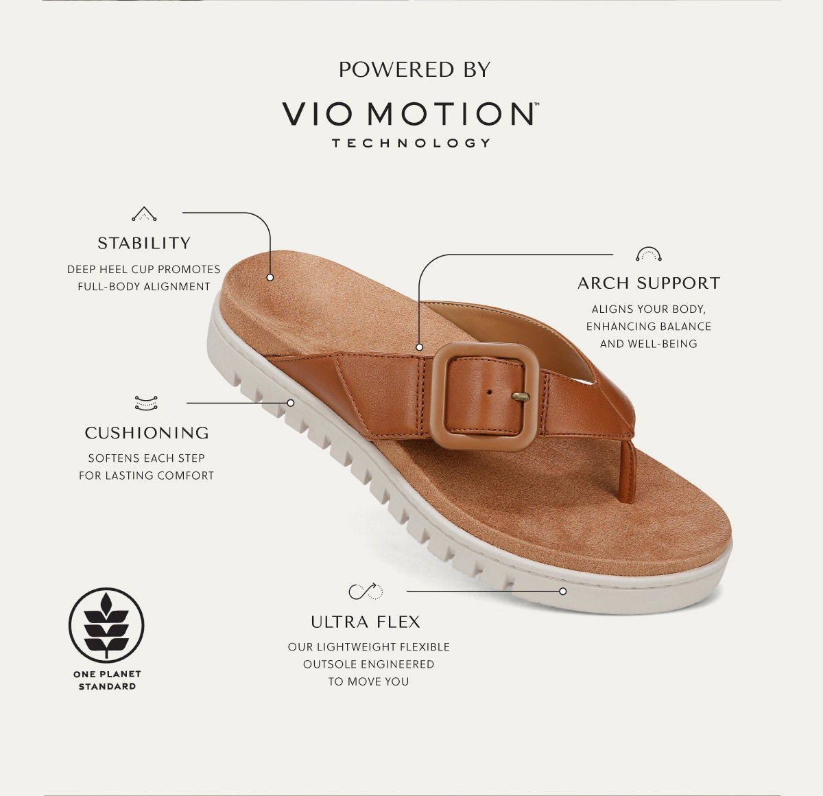 POWERED BY VIO MOTION TM TECHNOLOGY - STABILITY Deep heel cup promotes full-body alignment. - ARCH SUPPORT - Aligns your body, enhancing balance and well-being. - CUSHIONING Softens each step for lasting comfort. - ULTRA FLEX Our lightweight flexible outsole engineered to move you. - ONE PLANET STANDARD.