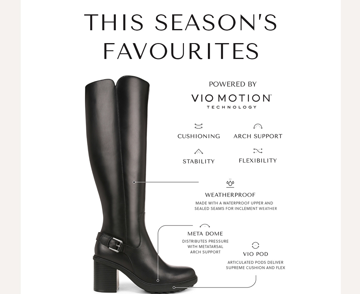 THIS SEASON'S FAVOURITES - POWERED BY VIO MOTION TM TECHNOLOGY - CUSHIONING  - ARCH SUPPORT - STABILITY - FLEXIBILITY - WEATHERPROOF MADE WITH A WATERPROOF UPPER AND SEALED SEAMS FOR INCLEMENT WEATHER - META DOME DISTRIBUTES PRESSURE WITH METATARSAL ARCH SUPPORT - VIO POD ARTICULATED PODS DELIVER SUPREME CUSHION AND FLEX - Shop Trabuco Boot
