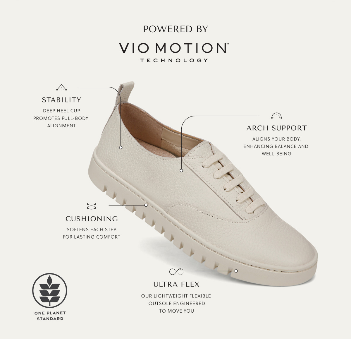 POWERED BY VIOMOTION TM TECHNOLOGY - STABILITY Deep heel cup promotes full-body alignment. - ARCH SUPPORT - Aligns your body, enhancing balance and well-being. - CUSHIONING Softens each step for lasting comfort. - ULTRA FLEX Our lightweight flexible outsole engineered to move you. - ONE PLANET STANDARD.