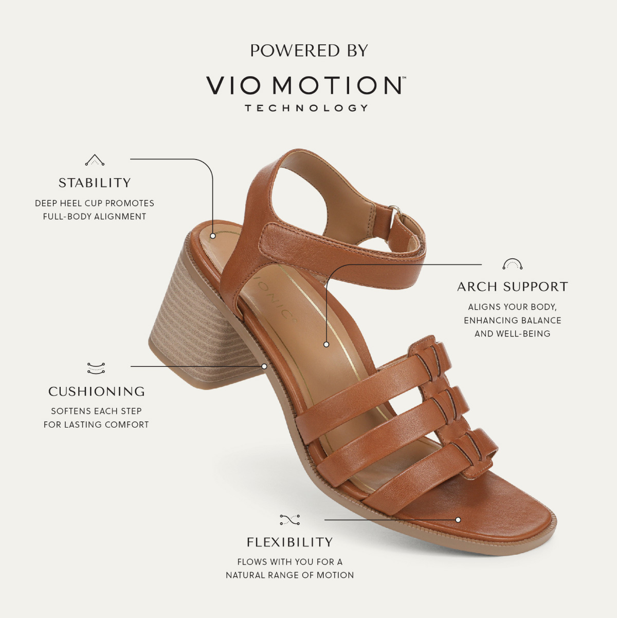 POWERED BY VIO MOTION TM TECHNOLOGY - STABILITY - Deep heel cup promotes full-body alignment. - ARCH SUPPORT - Aligns your body, enhancing balance and well-being. - CUSHIONING - Softens each step for lasting comfort. - FLEXIBILITY - Forefoot flexibility that promotes your natural range of motion.