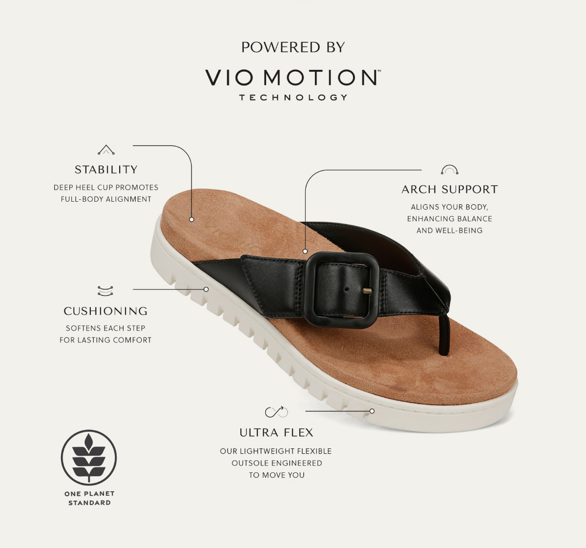 POWERED BY VIO MOTION TM TECHNOLOGY - STABILITY - Deep heel cup promotes full-body alignment. - ARCH SUPPORT - Aligns your body, enhancing balance and well-being. - CUSHIONING - Softens each step for lasting comfort. - ULTRA FLEX - Our lightweight flexible outsole engineered to move you - ONE PLANET STANDARD